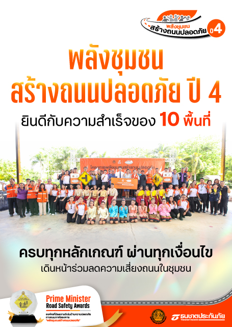 ประกาศรายชื่อ 10 พื้นที่ ที่จะได้รับงบประมาณสนับสนุน จากโครงการพลังชุมชนสร้างถนนปลอดภัย ปี 4